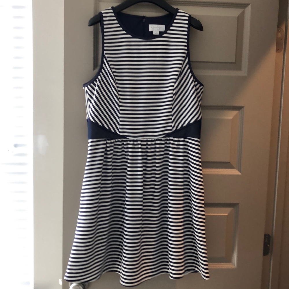 Purple & white striped dress.